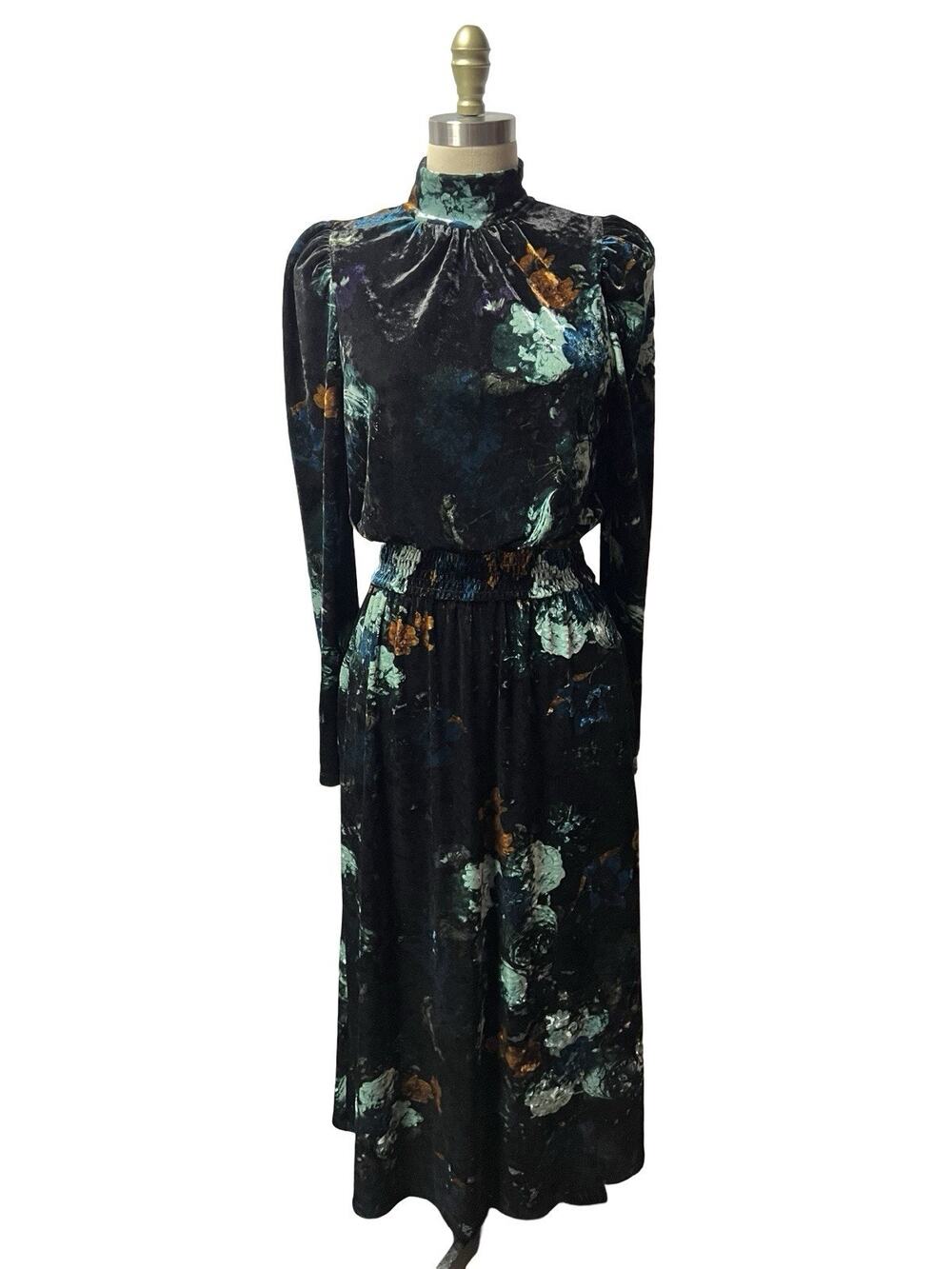 RYEGRASS Black Floral Velour Maxi Cocktail Party Long Sleeve Dress Size S